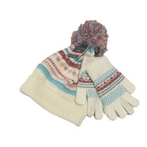 West Loop Kids Girls 4-8 Years Pink, Blue, & Red Pom Pom Hat Glove Set Brand New